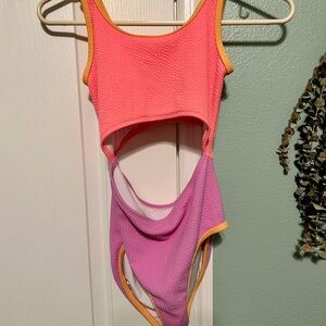 Old Navy Coral Pink and Lavender Cutout One-Piece Swimsuit with Yellow Trim